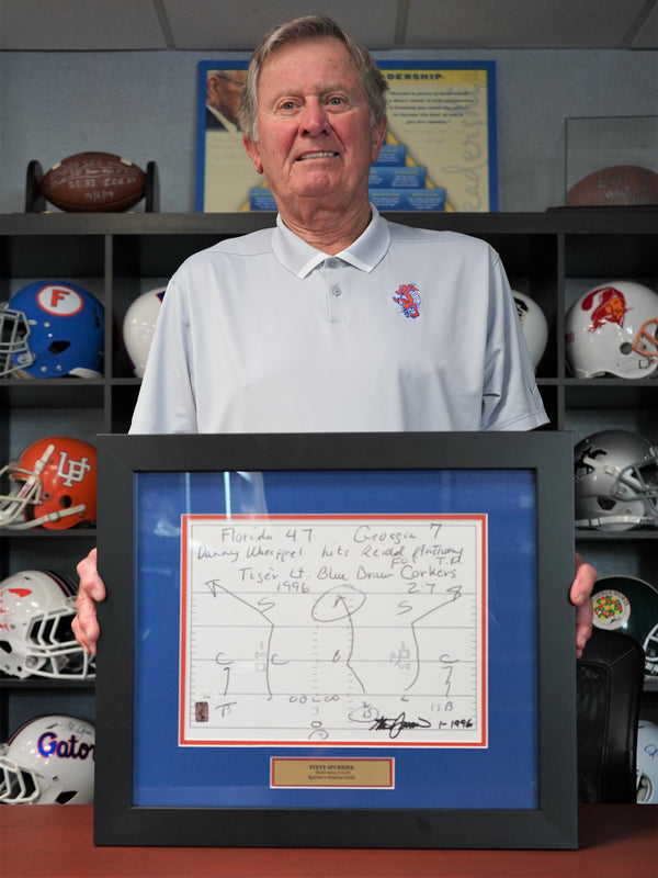 Now you can own a signed copy of the famous wallpaper from Spurrier's Gridiron Grille and Visors Rooftop. Each play featured on the wallpaper was hand drawn by Coach Spurrier himself