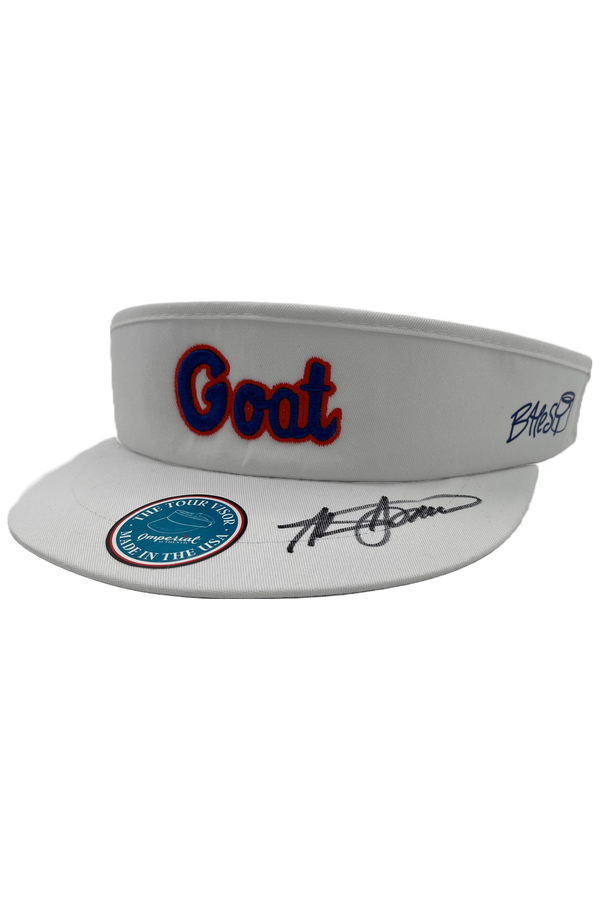 Player or coach, Spurrier, is associated with greatness. Support local Gainesville eatery, Spurrier's Gridiron Grille, and local Artist/Personality James Bates with the purchase of this high quality Imperial brand visor.  High-profile visor is a timeless look that is often imitated but never duplicated. Thick luscious terry cloth sweatband on the Tour Visor® tells you it’s the real deal. Worn by professionals and even more parking lot pros. Autographed by the legend; Steve Spurrier