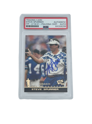 Steve Spurrier repping retro gator camo, Autographed in Gator blue, Certified by PSA, what more could you ask for in a HBC trading card?!  ITP/PSA: 84308299