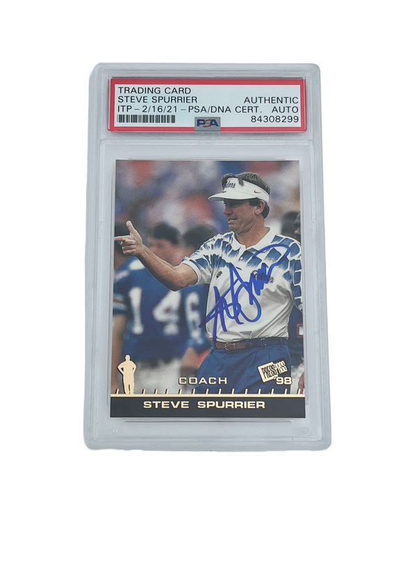 Steve Spurrier repping retro gator camo, Autographed in Gator blue, Certified by PSA, what more could you ask for in a HBC trading card?!  ITP/PSA: 84308299