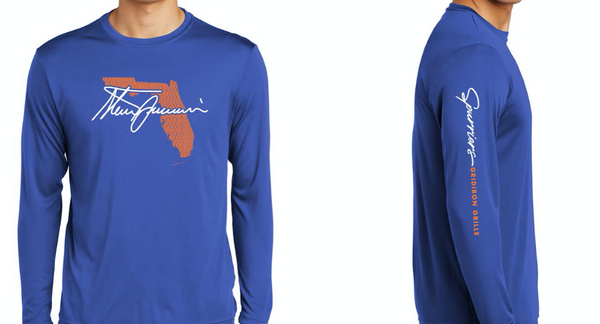 Perfect for beating the heat (Just like HBC in 97' beat F.S.U. 52-20) with this 100% Posicharged polyester long sleeve shirt. Commemorating the great state of Florida on front, additional to the rolling Spurrier Gridiron Grille design down right sleeve.